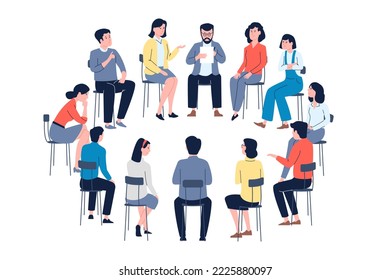 Group therapy in circle. Psychology meeting club, people listening and conversation. Help support groups, patient community psychotherapy recent vector concept