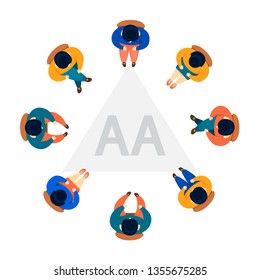 Group therapy concept. AA anonymous alcoholic meeting. People suffering from drinking addiction. Psychologist treatment. Vector illustration in cartoon style svg