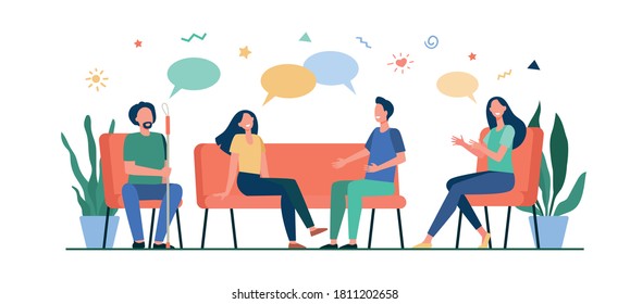 Group therapy concept. People meeting and talking, discussing problems, giving and getting support. Vector illustration for counselling, addiction, psychologist job, support session concept.