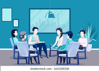 Group therapy concept. Vector of people sitting on chairs arranged in a circle discussing psychological problems being counseled  svg