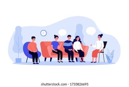 Group Therapy Conversation. Men And Women Sitting On Couch Together, Discussing Addiction Problems With Psychologist. Can Be Used For Support Session, Counseling Concept