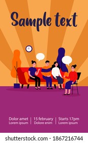 Group therapy conversation. Men and women sitting on couch together, discussing addiction problems with psychologist. Can be used for support session, counseling concept