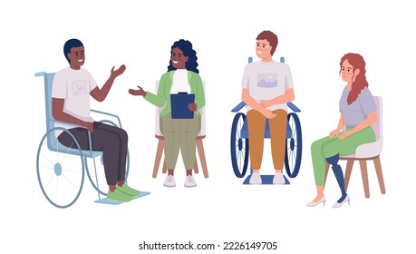 Group therapy for disabled patients semi flat color vector characters. Editable figures. Full body people on white. Simple cartoon style illustrations for web graphic design and animation