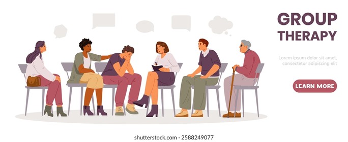 Group therapy flat vector horizontal banner. Diverse group of people with woman psychologist sharing theiк problems.