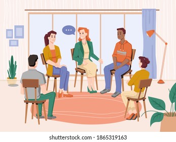 Group therapy indoors, people sitting on chairs in circles, meeting session with psychologist. Vector therapist discussing problems with patients. Psychotherapy, man, woman counselor on consultation