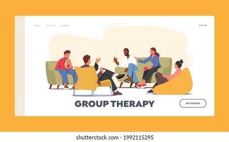 Group Therapy Landing Page Template. Characters Counseling with Psychologist on Psychotherapist Session. Doctor Psychologist Counseling with Diseased Patients. Cartoon People Vector Illustration