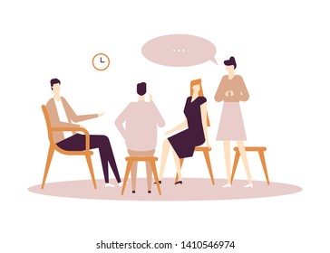 Group therapy - modern flat design style illustration on white background. High quality unusual composition with men and women sharing their emotions. Psychological problems, social help concept