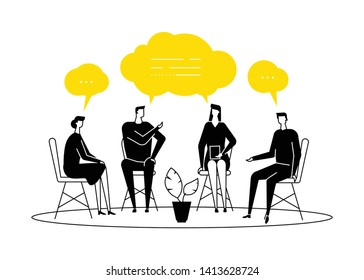 Group therapy - modern flat design style illustration on white background. Black and yellow composition with men and women sharing their emotions and feelings, talking. Psychological problems concept