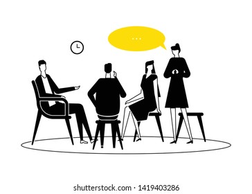Group therapy - modern flat design style illustration on white background. Black and yellow unusual composition with men and women sharing their emotions. Psychological problems, social help concept