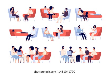 Group therapy. People crowd consulting with psychologist, persons talking to psychotherapist. Family psychoanalysis vector characters. Illustratration of psychotherapy problem, psychotherapist