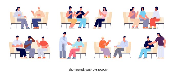 Group Therapy. People Sitting Chairs, Person On Sofa Or Couch Talk With Consultant. Adults Talking, Psychologist And Psychology Support Utter Vector Set