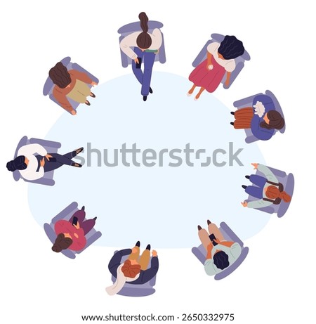 Group therapy. People sitting in circle top view. Psychological consultation. Mental treatment. Psychotherapy counseling. Men and women on seats. Collective discussion