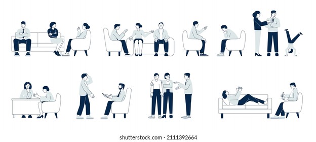 Group therapy. Psychologist and person on sofa, people on psychotherapist. Family psychotherapy, characters on support session recent vector set