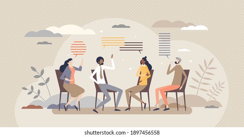 Group therapy as psychologist session conversation tiny person concept. Talking treatment for mental health problems or addiction vector illustration. Anonymous trust meeting with experience sharing.