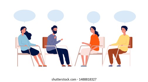 Group therapy. Psychologist sitting help mentor session addiction treatment vector characters