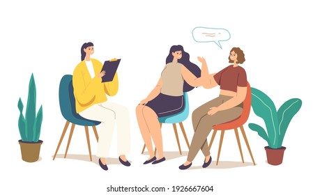 Group Therapy, Psychotherapeutic Meeting, Psychological Aid for Women. Female Characters Sit on Chairs in Circle and Talking to Each Other with Doctor Assistance. Cartoon People Vector Illustration