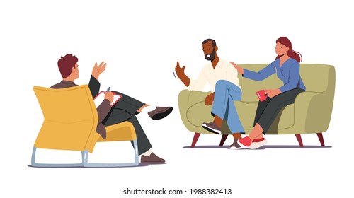 Group Therapy, Psychotherapeutic Meeting, Psychological Aid Concept. Male and Female Characters Sit on Sofa Talking to Doctor, Professional Medical Assistance. Cartoon People Vector Illustration