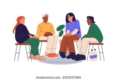 Gruppentherapie, Psychotherapie, Psychologie-Sitzung. Gemeindetreffen, diskutieren, sprechen über psychische Gesundheit, teilen Probleme, Unordnung, Menschen helfen einander, Unterstützung. Flache einzelne Illustration auf Weiß