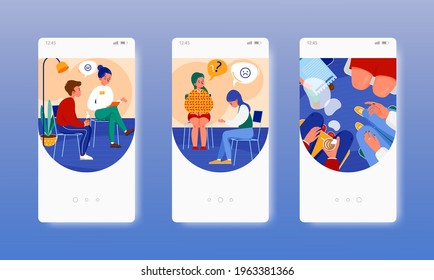 Group therapy. Psychotherapy session. Mobile app screens, vector website banner template. UI, web site design.