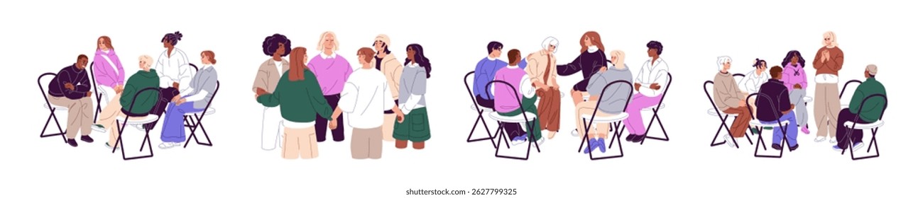 Terapia em grupo, conjunto de psicoterapia. As pessoas estão conversando, sentadas em cadeiras em círculos. Homens e mulheres contam problemas, apoio, ajuda na reunião de psicologia. Ilustrações de vetor isoladas planas sobre fundo branco