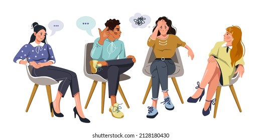 A group therapy session with different people having a heart-to-heart conversation. Counseling in psychology, rehabilitation therapy, psychoanalysis. Solving psychological problems. Vector 