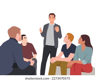 Group therapy session. Different people sitting in circle and talking. concept of group therapy counseling psychology, help, conversation. Flat vector illustration isolated on white background