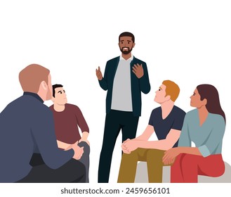 Group therapy session. Different people sitting in circle and talking. Flat vector illustration isolated on white background