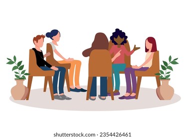 Group therapy session with diverse women seated in a circle having a heart to heart discussion , colored vector illustration.