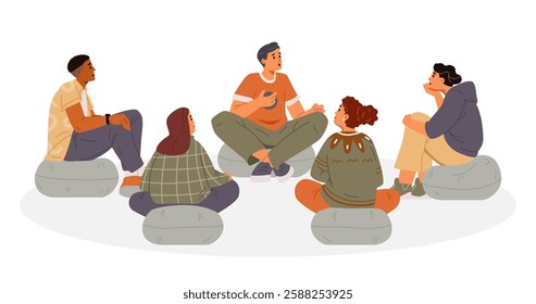 Group therapy session flat vector illustration isolated on white. Diverse group of people sitting in a circle on the floor discussing their psychological problems.