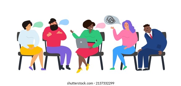 group therapy session people sitting and talking together with psychologist therapist mental health vector illustration