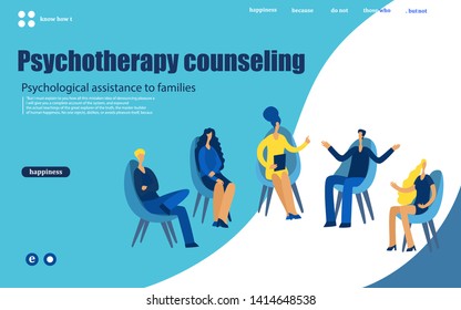 Group therapy session, psychotherapeutic meeting or psychological aid.Men and women sitting on chairs and talking to psychotherapist or psychologist. Vector illustration.web, mobile app, poster, bann