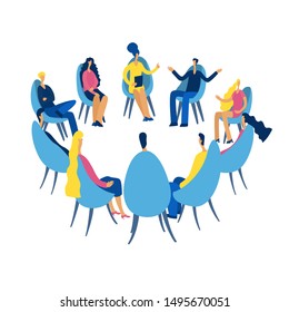 Group therapy session, psychotherapeutic meeting or psychological aid.Men and women sitting in a circle.on chairs and talking to psychotherapist or psychologist. Vector illustration