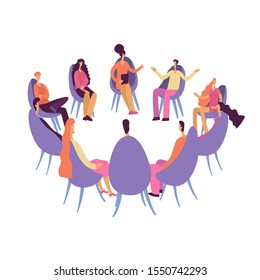 Group therapy session, psychotherapeutic meeting or psychological aid.Men and women sitting in a circle.on chairs and talking to psychotherapist or psychologist. Vector illustration