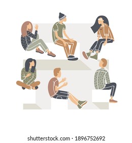 Group therapy session, psychotherapeutic meeting. Men and women, people sitting in a circle. Treatment of stress, addictions and mental problems. Gestalt psychology. Isolated vector illustration.