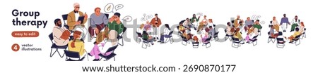 Group therapy session, psychotherapy set. Psychologist and community. People teams sharing problems during support meeting, psychology help club. Flat vector illustration isolated on white background