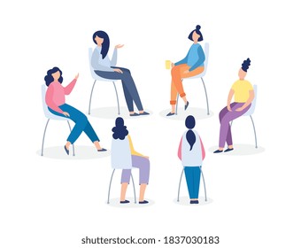 Group therapy session for treatment of depression, various phobias and addictions. Consultation of people with psychologist or psychotherapist. Flat vector isolated illustration.