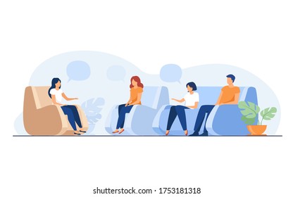 Group therapy and support concept. People meeting together to discuss addiction problem with psychologist. Flat vector illustration for counselling and help topics