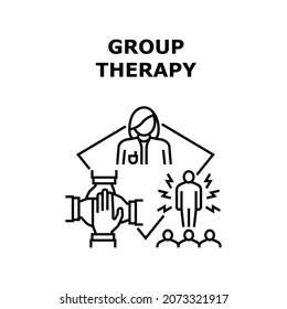 Group Therapy Vector Icon Concept. Counselor Therapist Coach Psychologist Speak At Group Therapy Session And Consultation. Psychoterapist Medicine Support And Team Work Black Illustration