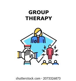 Group Therapy Vector Icon Concept. Counselor Therapist Coach Psychologist Speak At Group Therapy Session And Consultation. Psychoterapist Medicine Support And Team Work Color Illustration