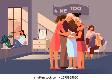 Group therapy for women which experienced violence and harassment. Support for young women. The Me Too movement. Idea of care and humanity. Vector illustration in cartoon style