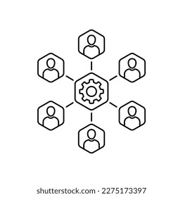 group of thin line people like joint development. flat linear trend simple cogwheel with developer logotype graphic art design element. metaphor of human resources or recruitment and corporate culture