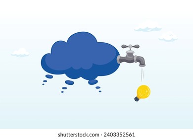 Group thinking bubble with faucet to get lightbulb idea output, thinking idea or brainstorm to get solution, creativity or imagination solve problem, efficient cooperate to get good outcome (Vector)