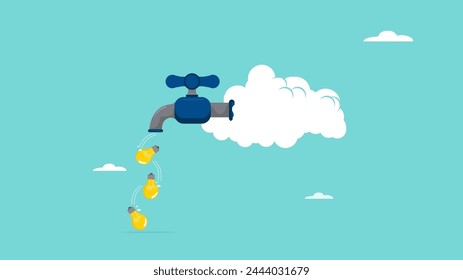 Group thinking bubble with faucet to get lightbulb idea output, creative idea or innovation to solve problem, thinking idea to get solution, a collection of light bulb ideas coming out of a cloud tap