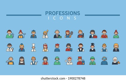 grupo de treinta trabajadores profesionales con diferentes ocupaciones y diseño de ilustraciones vectoriales con letras