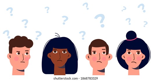 Group of Thoughtful people. Men and women solving problem. Vector illustration.