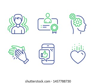 Group, Thoughts and Clapping hands line icons set. Certificate, Mobile like and Heart signs. Headhunting service, Business work, Clap. Best employee. People set. Line group outline icons. Vector