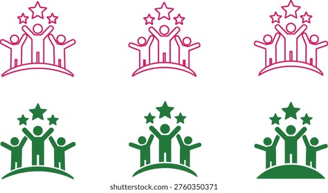 Group of three abstract people with raised arms and stars above symbolizes team success, achievement, victory, and high recognition. This vector icon represents community, leadership, excellence, and collaborative effort in business or social contexts, available in both outline and solid versions.