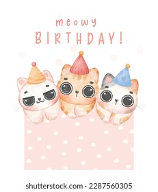 Group of three adorable kitten cats different breeds Meowy birthday watercolor illustration greeting card