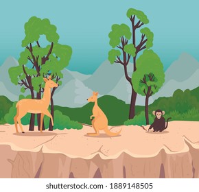 group of three animals wild in the savannah scene vector illustration design