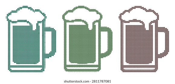 Group of three beer mugs, frothy beverage inside, made of dots and squares, green and maroon colors.